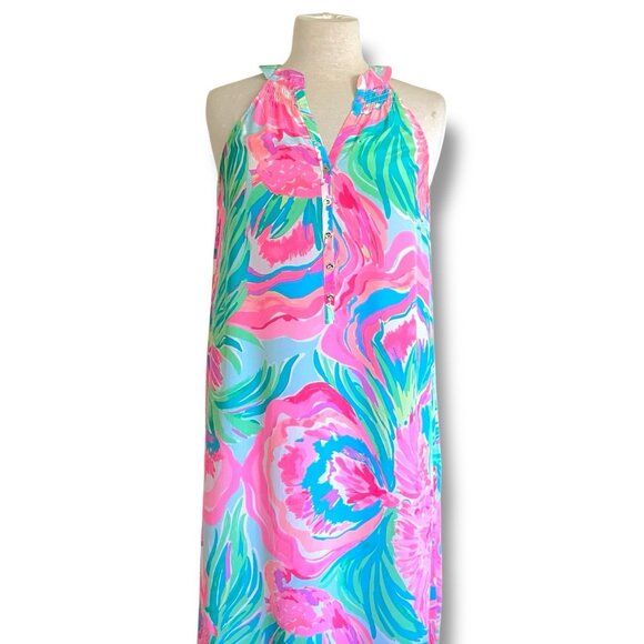 Lilly Pulitzer Womens Bailey Dress Sz Small Pink Green Blue Silk Midi Sundress - Picture 2 of 10